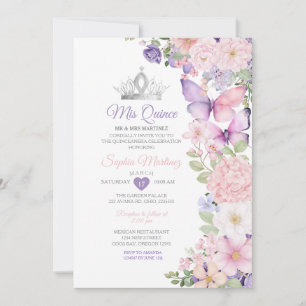 Invitación Cumpleaños Quinceañera Rosa Púrpura Mariposa