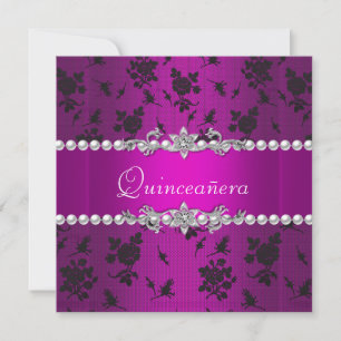 Invitación Cumpleaños Quinceañera Rosa Púrpura Negro Plata
