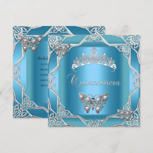 Invitación Cumpleaños Quinceañera Tiara Mariposa Plateada Tea