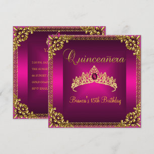 Invitación Cumpleaños Quinceañera Tiara Rosa Joya Dorada