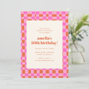 Invitación Cumpleaños Quincuagésimo Retro Cuadros Rosa Naranj