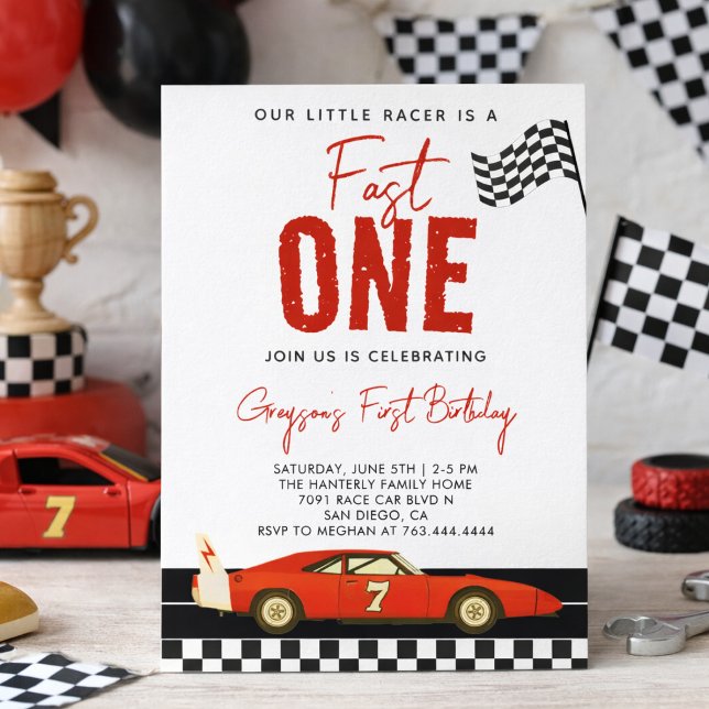 Invitación Cumpleaños rápido de coche de carreras niño 1 (Fast One Race Car Boy 1st Birthday Party Invitation
)