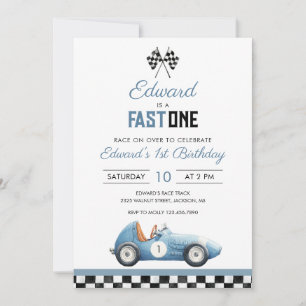 Invitación Cumpleaños rápido uno coche de carreras azul 1º