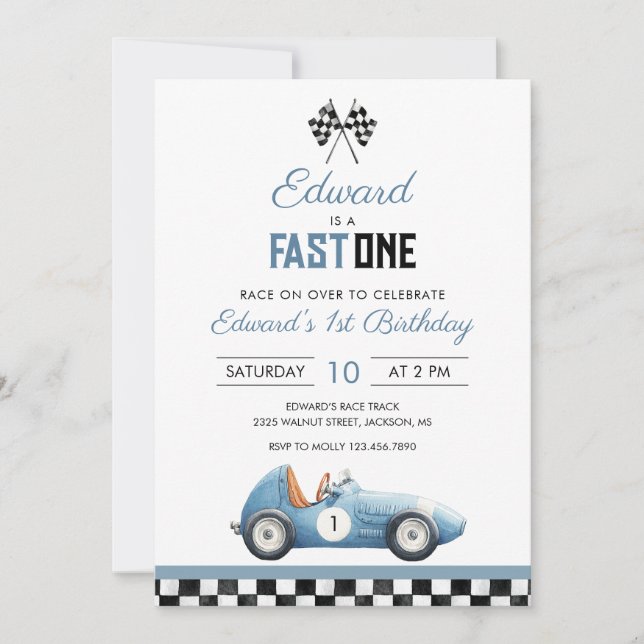 Invitación Cumpleaños rápido uno coche de carreras azul 1º (Anverso)