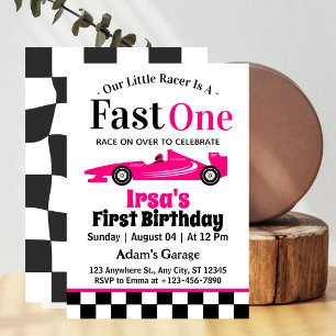 Invitación Cumpleaños rápido uno coche de carreras rosa niña 