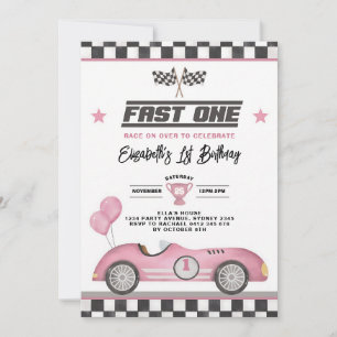 Invitación Cumpleaños rápido uno retro rosa coche de carreras