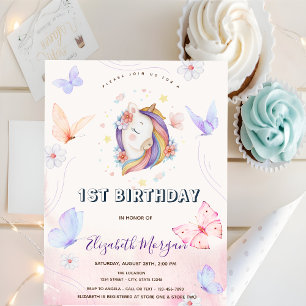 Invitación Cumpleaños rayado de flores mariposas unicornio li
