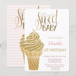 Invitación Cumpleaños Rayado de Helado con Brillo Dorado