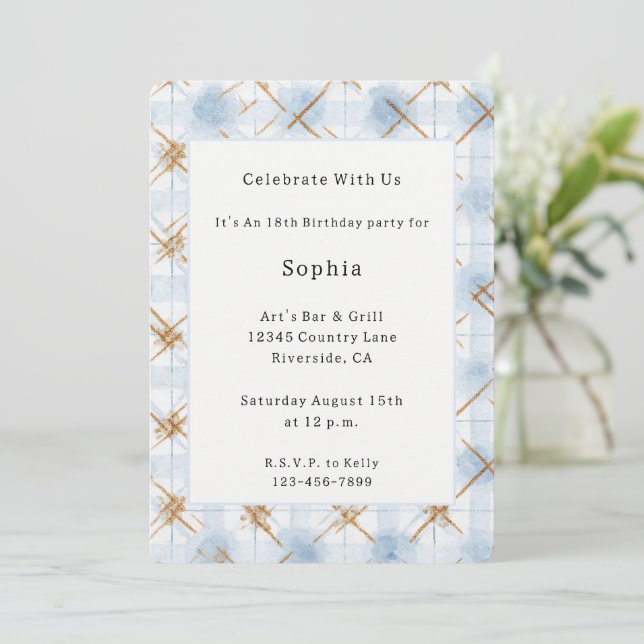 Invitación Cumpleaños Rayas Blancas Azules Doradas   (Anverso de pie)