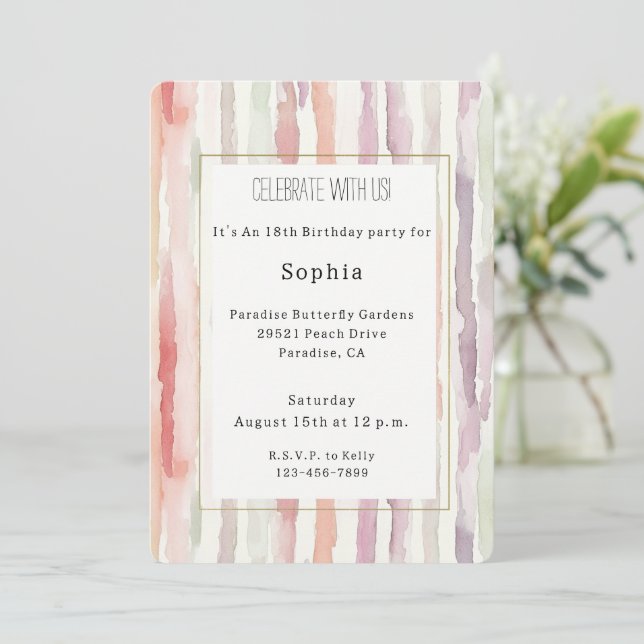Invitación Cumpleaños Rayas Blancas Rosa Melón Lavanda (Anverso de pie)
