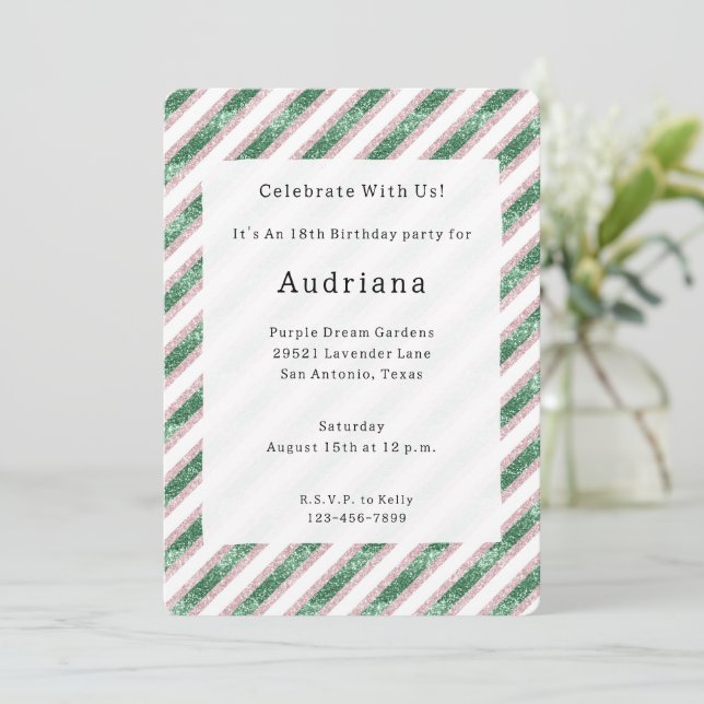 Invitación Cumpleaños Rayas Chic Glam Glitzy Verde Rosa Rubor (Anverso de pie)