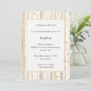 Invitación Cumpleaños Rayas Corazones Blanco Crema  