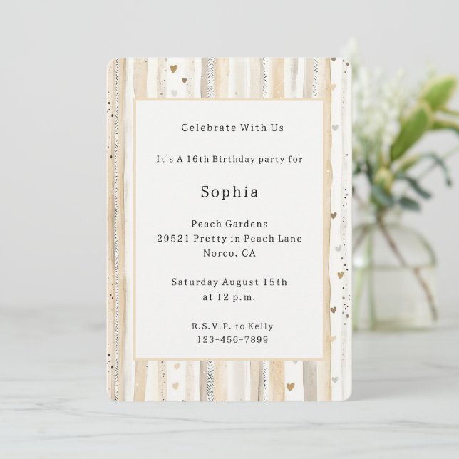 Invitación Cumpleaños Rayas Corazones Blanco Crema   (Anverso de pie)