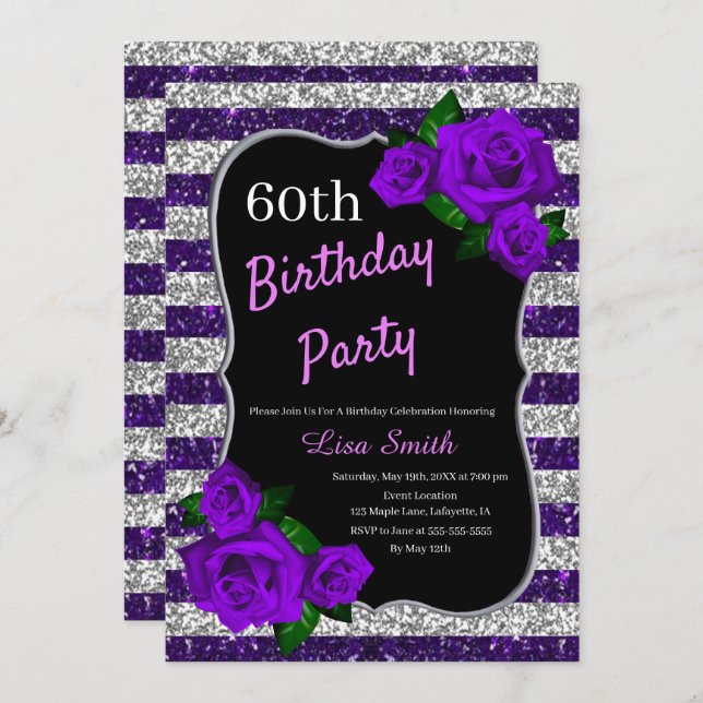 Invitación Cumpleaños Rayas de Plata Púrpura Purpurina Rosa P (Anverso / Reverso)