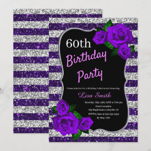 Invitación Cumpleaños Rayas de Plata Púrpura Purpurina Rosa P