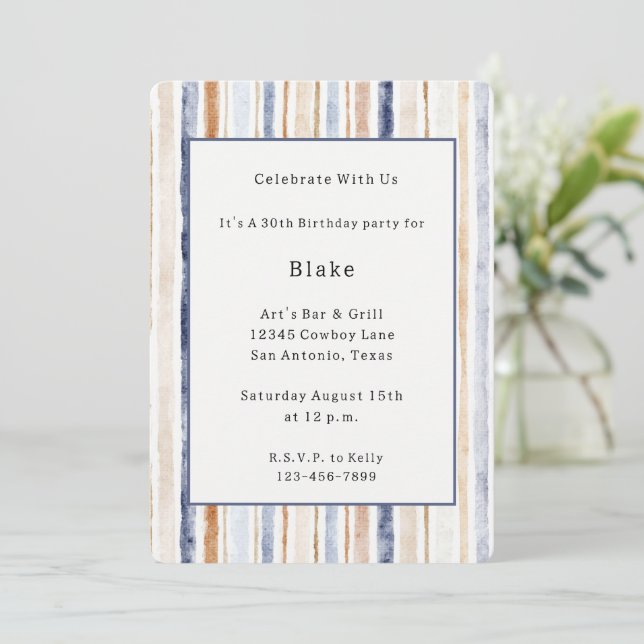 Invitación Cumpleaños Rayas Marrones Azules Crema (Anverso de pie)