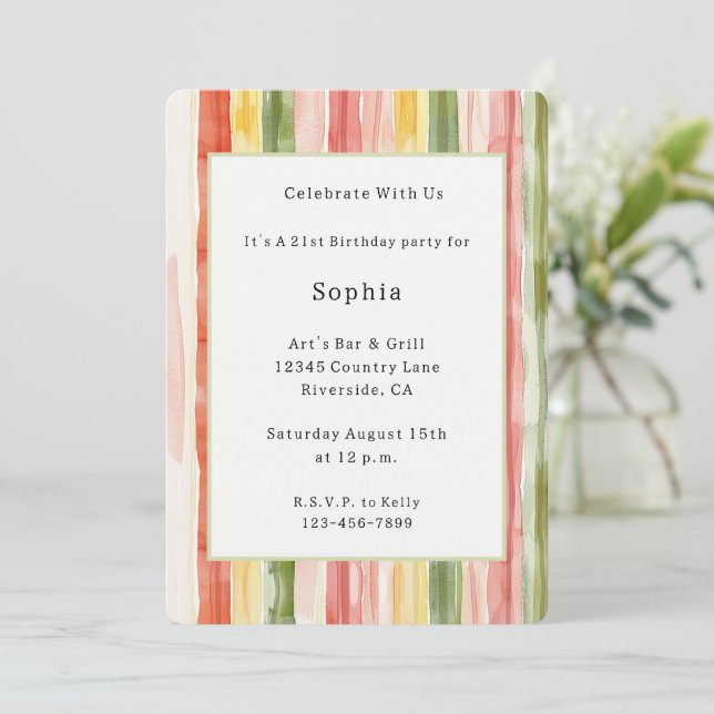 Invitación Cumpleaños Rayas Naranja Amarillo Verde Rubor (Anverso de pie)