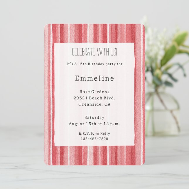 Invitación Cumpleaños Rayas Rosadas Beige Rojo Blanco (Anverso de pie)