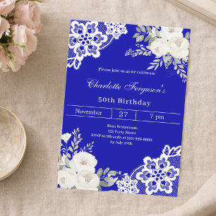 Invitación Cumpleaños real azul de rosas blancas