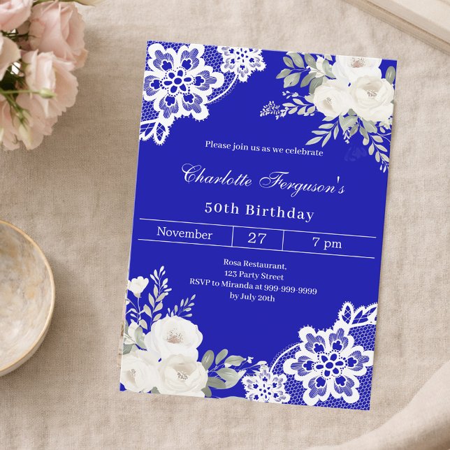 Invitación Cumpleaños real azul de rosas blancas (Subido por el creador)