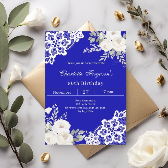 Invitación Cumpleaños real azul de rosas blancas (Subido por el creador)