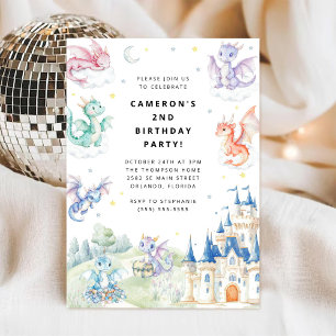 Invitación Cumpleaños Real Medieval Caballero y Dragón Niño