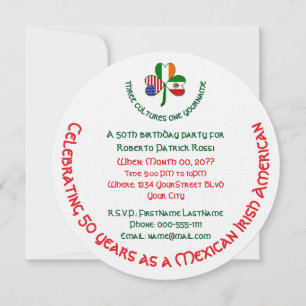 Invitación Cumpleaños redondo con banderas de México, Irlanda