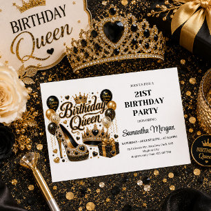 Invitación Cumpleaños Reina Fiesta Brillo Dorado Negro con Cl