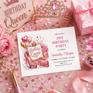 Invitación Cumpleaños Reina Fiesta Rosa Dorado Glitter Elegan