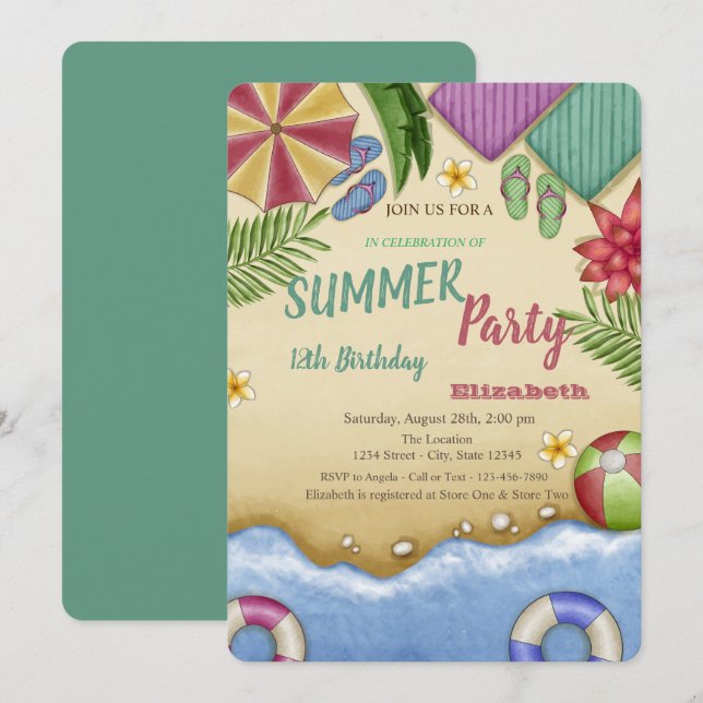 Invitación Cumpleaños Relajante Playa Acuarela (Anverso / Reverso)