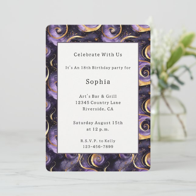 Invitación Cumpleaños Remolinos de Oro Púrpura (Anverso de pie)