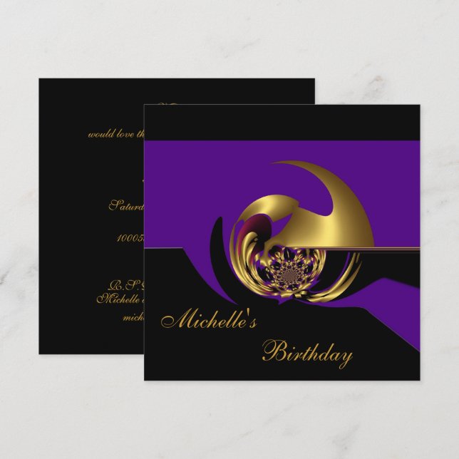 Invitación Cumpleaños Resumen de Oro Negro y Púrpu (Anverso / Reverso)