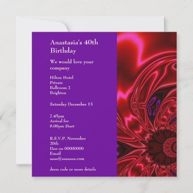 Invitación Cumpleaños Resumen Faux Silk Red Purple (Anverso)