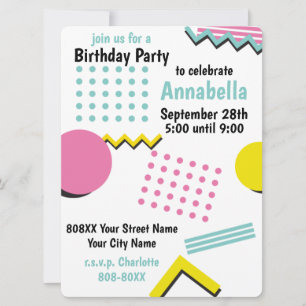 Invitación Cumpleaños Retro 90 Nostalgia Patrón Memphis
