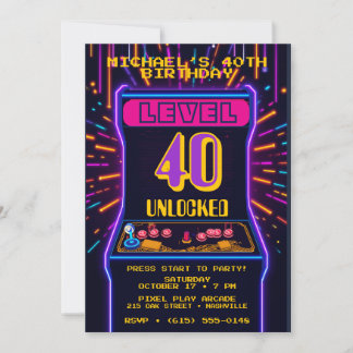 Invitación Cumpleaños Retro Arcade Nivel 40 Desbloqueado