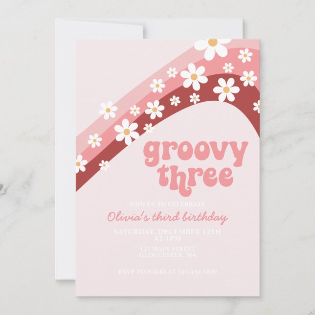 Invitación Cumpleaños Retro Arcoíris Daisy Groovy Tres 3 (Anverso)