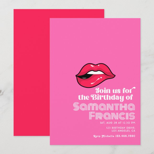 Invitación Cumpleaños Retro Arte Pop Rosa Intenso  (Anverso / Reverso)