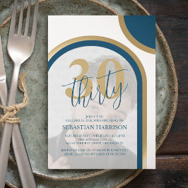 Invitación Cumpleaños Retro Azul y Dorado 30 Foto