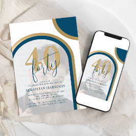 Invitación Cumpleaños Retro Azul y Dorado 40 Foto