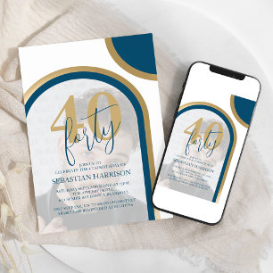 Invitación Cumpleaños Retro Azul y Dorado 40 Foto