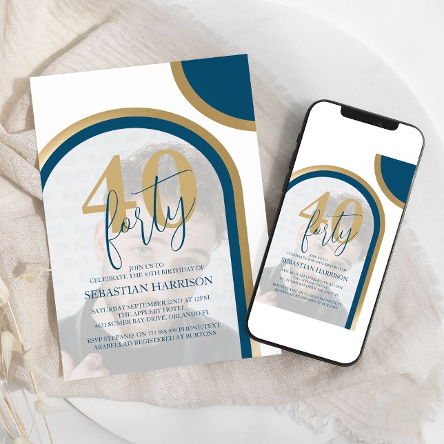 Invitación Cumpleaños Retro Azul y Dorado 40 Foto (Subido por el creador)