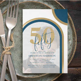Invitación Cumpleaños Retro Azul y Dorado 50 Foto