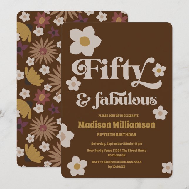 Invitación Cumpleaños Retro Boho Chocolate Marrón 50 y Fabulo (Anverso / Reverso)