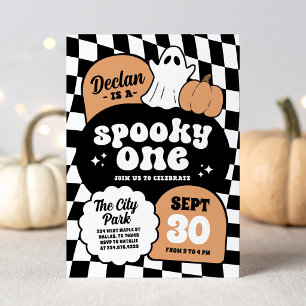 Invitación Cumpleaños Retro Checker Negro Naranja Spooky One 