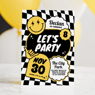Invitación Cumpleaños Retro Chico Sonrisa Cuadrada Negro y Bl