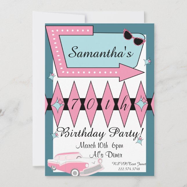 Invitación Cumpleaños Retro Cualquier Edad de los años 50 (Anverso)