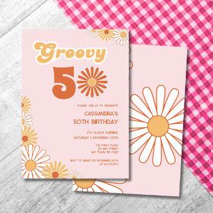 Invitación Cumpleaños Retro Daisy Boho Naranja Rosa 50