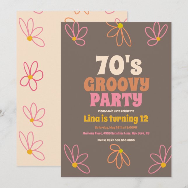 Invitación  Cumpleaños Retro Daisy Doodle Groovy Bohemio   (Anverso / Reverso)