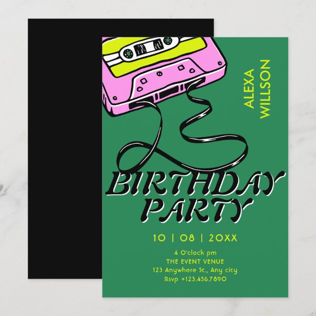 Invitación Cumpleaños retro de cassette (Anverso / Reverso)