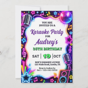 Invitación Cumpleaños Retro de Karaoke Neon Colorido